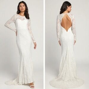 NEW Lulus HEARTPRINT White Lace Long Sleeve Mermaid Maxi Wedding Dress MEDIUM